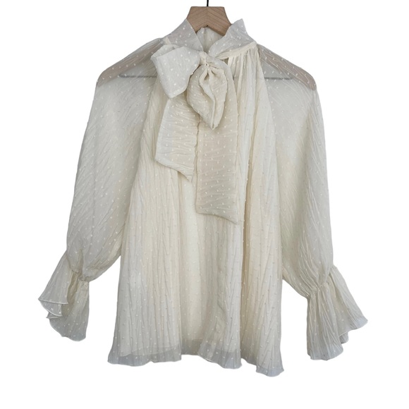 NWT Zara Swiss Dot Sheer Balloon Sleeve Mockneck Peasant Blouse With Bow - Picture 5 of 13